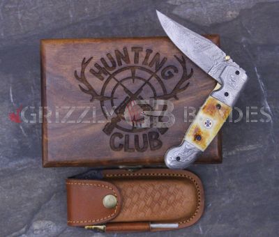 DAMASCUS STEEL CUSTOM HANDMADE FOLDING/POCKET Knife 8"- HUNTING CLUB