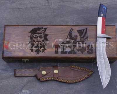 DAMASCUS STEEL CUSTOM HANDMADE HUNTING BOWIE KNIFE 12" - DONALD TRUMP MAGA TEXAS