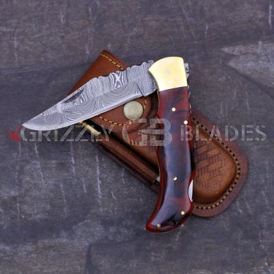 DAMASCUS STEEL CUSTOM HANDMADE FOLDING/POCKET Knife 8.5" RED ACRYLIC