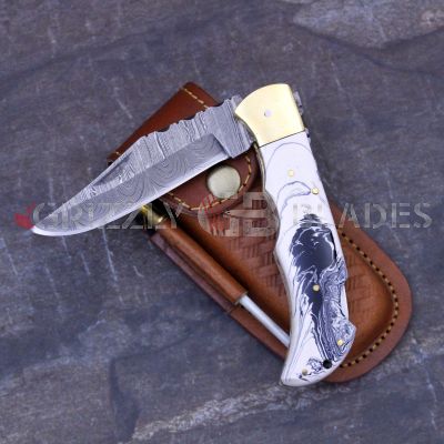 DAMASCUS STEEL CUSTOM HANDMADE FOLDING/POCKET Knife 8.5" WHITE ACRYLIC
