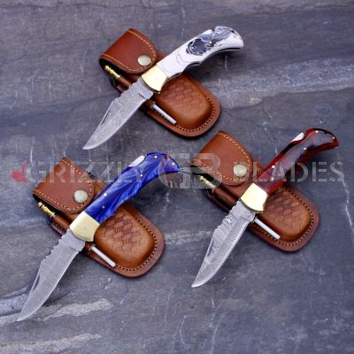 DAMASCUS STEEL CUSTOM HANDMADE FOLDING/POCKET Knife 8.5" SET OF THREE
