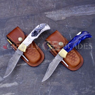 DAMASCUS STEEL CUSTOM HANDMADE FOLDING/POCKET Knife 8.5" SET OF TWO