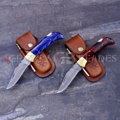 DAMASCUS STEEL CUSTOM HANDMADE FOLDING/POCKET Knife 8.5" SET OF TWO