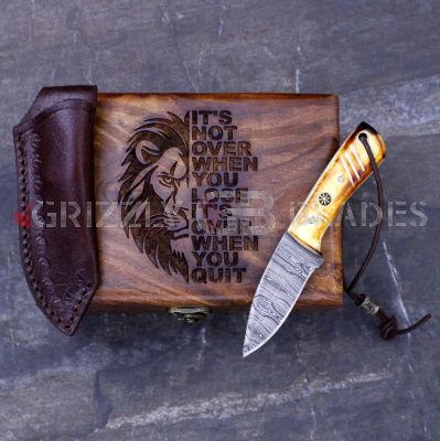 DAMASCUS STEEL CUSTOM HANDMADE SKINNING Knife 6" LION BOX