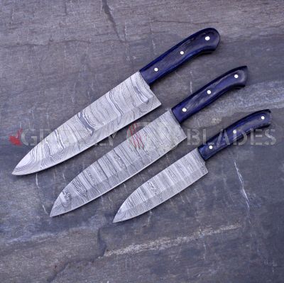 SET OF THREE DAMASCUS STEEL CUSTOM HANDMADE KITCHEN CHEF KNIVES 10",13",13.5"