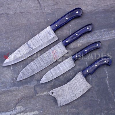 SET OF FOUR DAMASCUS STEEL CUSTOM HANDMADE KITCHEN CHEF KNIVES 10",13",13.5" AND CLEAVER 10"