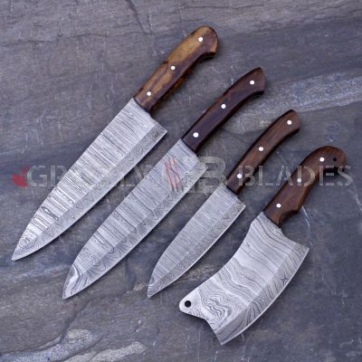 SET OF FOUR DAMASCUS STEEL CUSTOM HANDMADE KITCHEN CHEF KNIVES 10",13",13.5" AND CLEAVER 10"