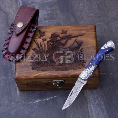 DAMASCUS STEEL CUSTOM HANDMADE FOLDING/POCKET Knife 7.5" - Hunting Man