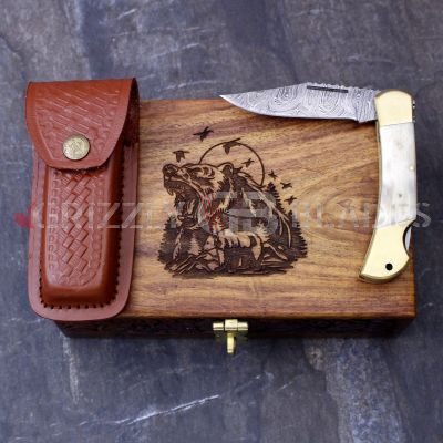 DAMASCUS STEEL CUSTOM HANDMADE FOLDING/POCKET Knife 8" - BEAR