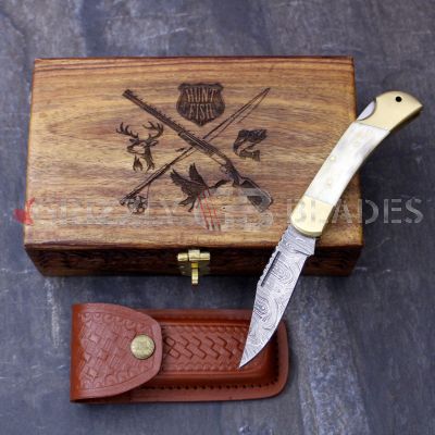 DAMASCUS STEEL CUSTOM HANDMADE FOLDING/POCKET Knife 8" - FISH HUNT