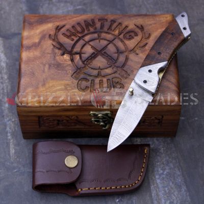 DAMASCUS STEEL CUSTOM HANDMADE FOLDING/POCKET Knife 8" - HUNTING CLUB