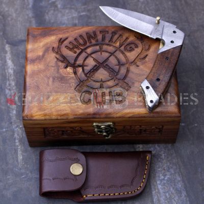 DAMASCUS STEEL CUSTOM HANDMADE FOLDING/POCKET Knife 8" - HUNTING CLUB