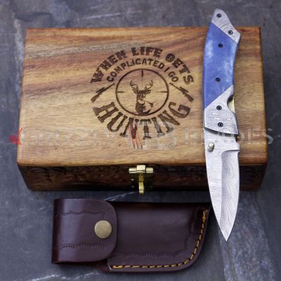 DAMASCUS STEEL CUSTOM HANDMADE FOLDING/POCKET Knife 8" - HUNTING CLUB