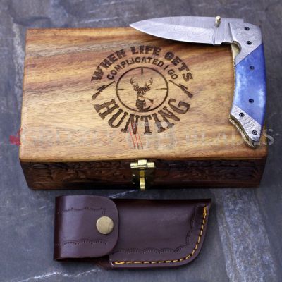 DAMASCUS STEEL CUSTOM HANDMADE FOLDING/POCKET Knife 8" - HUNTING CLUB
