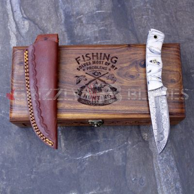 Damascus Steel Custom Handmade Hunting Skinning Knife 8" WHITE - FISHING HUNTING