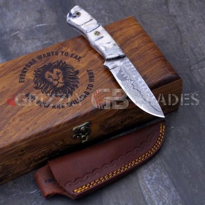 Damascus Steel Custom Handmade Hunting Skinning Knife 8" WHITE - Lion