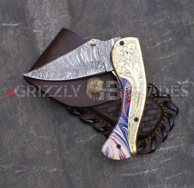 DAMASCUS STEEL CUSTOM HAND ENGRAVED FOLDING/POCKET Knife 8" MC