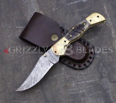 DAMASCUS STEEL CUSTOM HAND ENGRAVED FOLDING/POCKET Knife 9.5" S
