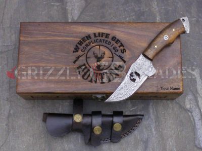DAMASCUS STEEL CUSTOM HANDMADE HUNTING BUSHCRAFT SKINNING KNIFE 8.5" - I GO HUNTING 