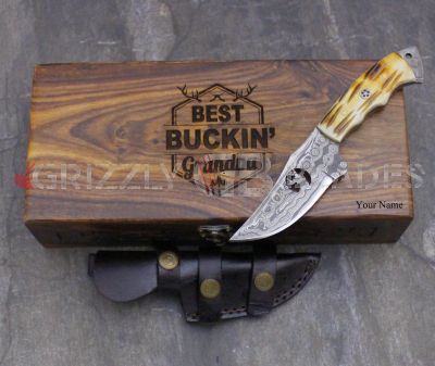 DAMASCUS STEEL CUSTOM HANDMADE HUNTING SKINNING KNIFE 8.5" - BEST BUCKIN' GRANDPA