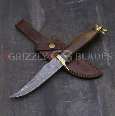 GRIZZLY HEAD DAMASCUS Steel Custom handmade hunting Bowie Knife 11"