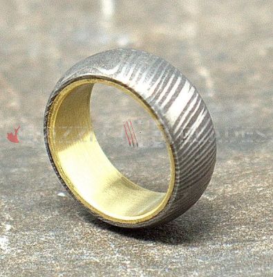 DAMASCUS STEEL RING WITH BRASS INTERIOR SLEEVE