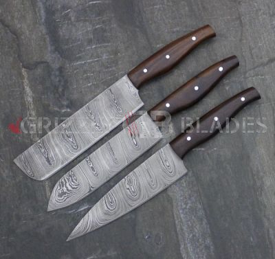 THREE Damascus Steel Custom Handmade Kitchen Chef Knives 12"