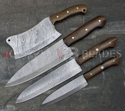 Set of FOUR Damascus Steel Custom Handmade Kitchen Chef Knives 10",13",13.5" and Cleaver 10" A