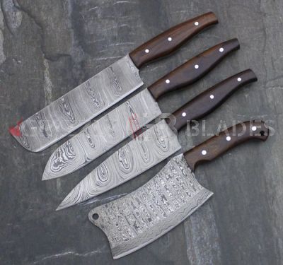 Set of FOUR Damascus Steel Custom Handmade Kitchen Chef Knives.