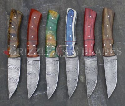 SET OF SIX Damascus Steel Custom handmade hunting Skinning Knives 8.5"