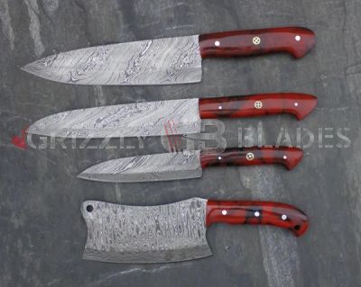 SET OF FOUR DAMASCUS STEEL CUSTOM HANDMADE KITCHEN CHEF KNIVES 10",13",13.5" AND CLEAVER 10"