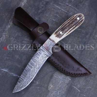 Damascus Steel Custom Handmade Hunting Skinning Knife 9"