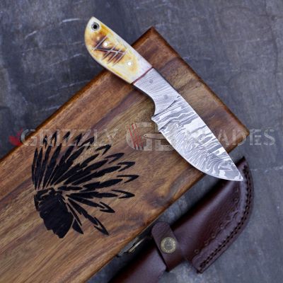 Damascus Steel Custom Handmade Hunting Skinning Knife 8" Apache