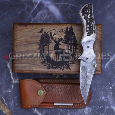 DAMASCUS STEEL CUSTOM HANDMADE FOLDING/POCKET Knife 8" Deer