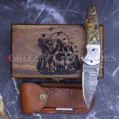 DAMASCUS STEEL CUSTOM HANDMADE FOLDING/POCKET Knife 8" Grizzly