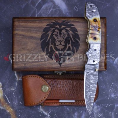 DAMASCUS STEEL CUSTOM HANDMADE FOLDING/POCKET Knife 8.5" Lion
