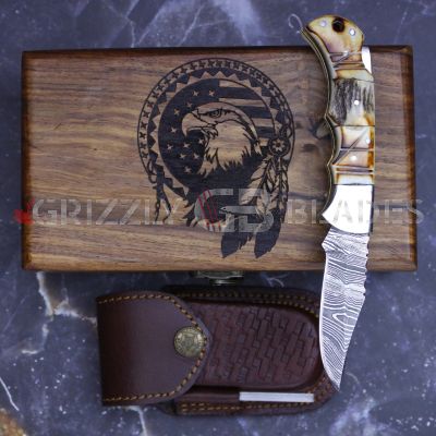 DAMASCUS STEEL CUSTOM HANDMADE FOLDING/POCKET STAG Knife 6.5" Eagle USA