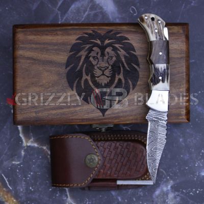 DAMASCUS STEEL CUSTOM HANDMADE FOLDING/POCKET STAG Knife 6.5" Lion