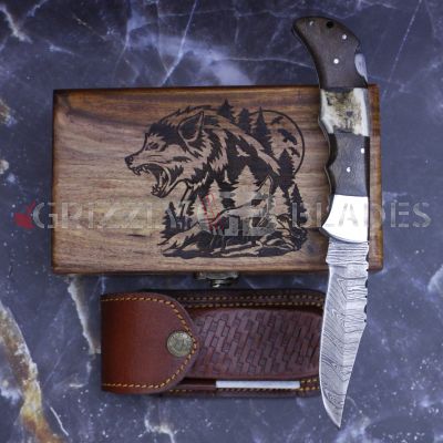 DAMASCUS STEEL CUSTOM HANDMADE FOLDING/POCKET STAG Knife 8.5" Wolf