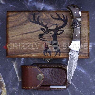 DAMASCUS STEEL CUSTOM HANDMADE FOLDING/POCKET STAG Knife 6.5" DEER