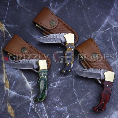 SET OF 3 DAMASCUS STEEL CUSTOM HANDMADE FOLDING/POCKET Knife 6.5"