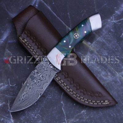 Damascus Steel Custom Handmade Hunting Skinning Knife 8.5" GREEN