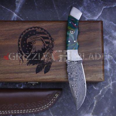 Damascus Steel Custom Handmade Hunting Skinning Knife 8.5" GREEN 