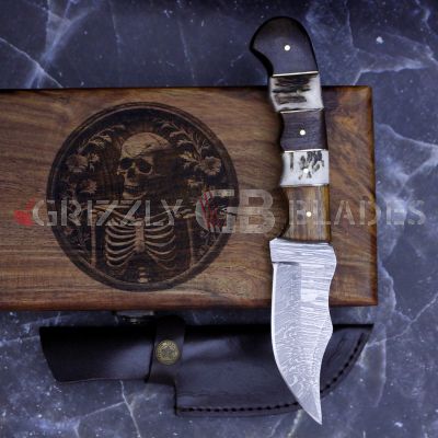 Damascus Steel Custom Handmade Hunting Skinning Knife 9" Skull
