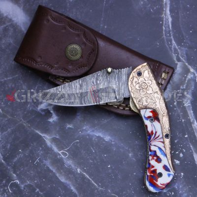 DAMASCUS STEEL CUSTOM HANDMADE FOLDING/POCKET Knife 8"