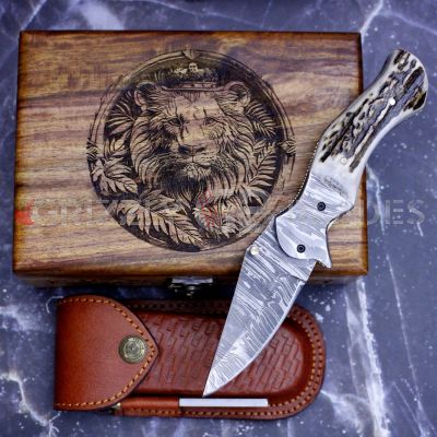 DAMASCUS STEEL CUSTOM HANDMADE FOLDING/POCKET Knife 8" Lion