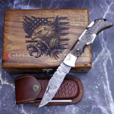 DAMASCUS STEEL CUSTOM HANDMADE FOLDING/POCKET STAG Knife 8.5" Eagle