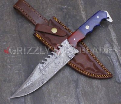 DAMASCUS STEEL CUSTOM HANDMADE HUNTING BOWIE KNIFE 12" blue