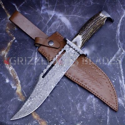 DAMASCUS STEEL CUSTOM HANDMADE HUNTING BOWIE KNIFE 15" (Left Hand)