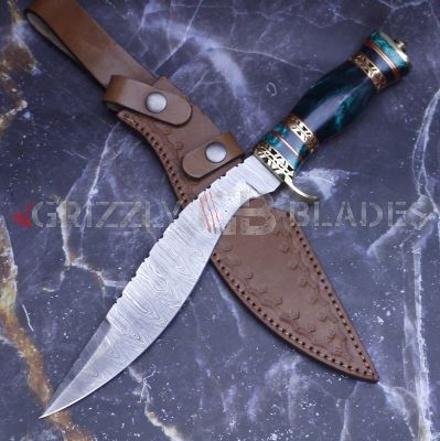 DAMASCUS STEEL CUSTOM HANDMADE HUNTING BOWIE KNIFE 14"